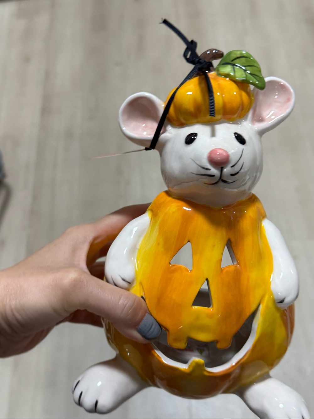 Blue Sky Ceramic Mouse Jack-O'-Lantern Figurine in Orange and White